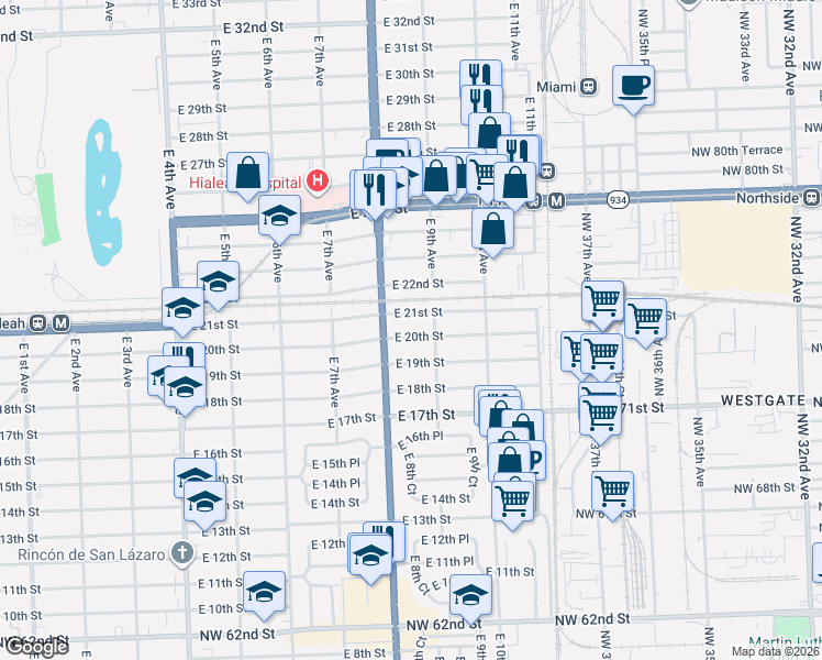 map of restaurants, bars, coffee shops, grocery stores, and more near 848 East 20th Street in Hialeah
