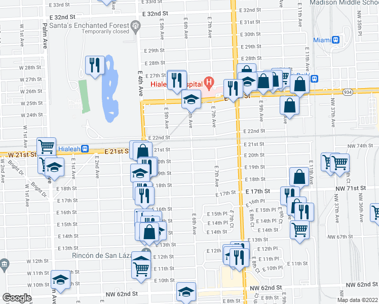 map of restaurants, bars, coffee shops, grocery stores, and more near 617 East 20th Street in Hialeah