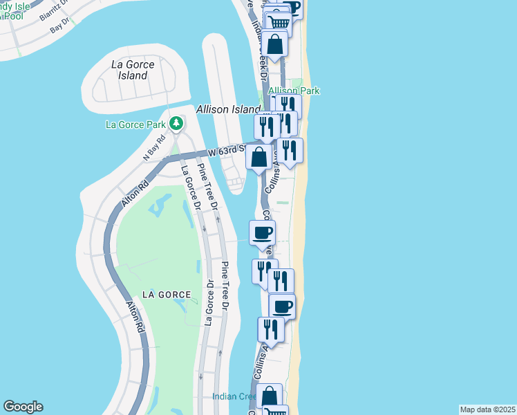 map of restaurants, bars, coffee shops, grocery stores, and more near 5838 Collins Avenue in Miami Beach