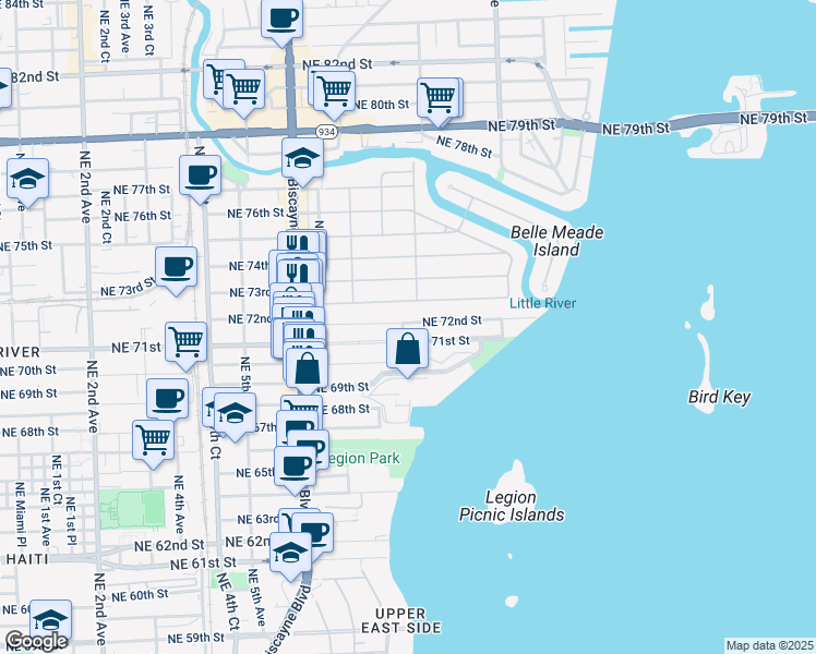 map of restaurants, bars, coffee shops, grocery stores, and more near 821 Northeast 71st Street in Miami