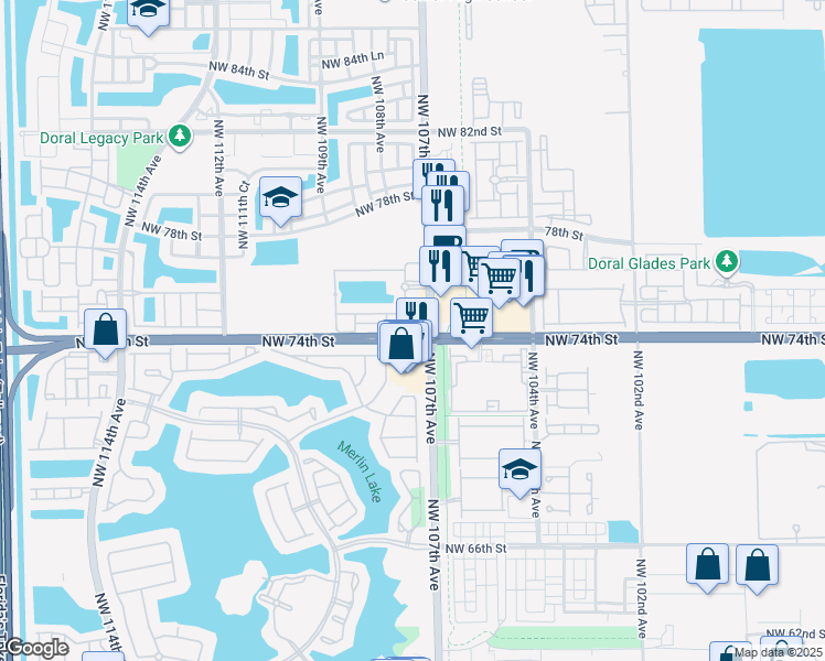 map of restaurants, bars, coffee shops, grocery stores, and more near 10702 Northwest 74th Street in Medley