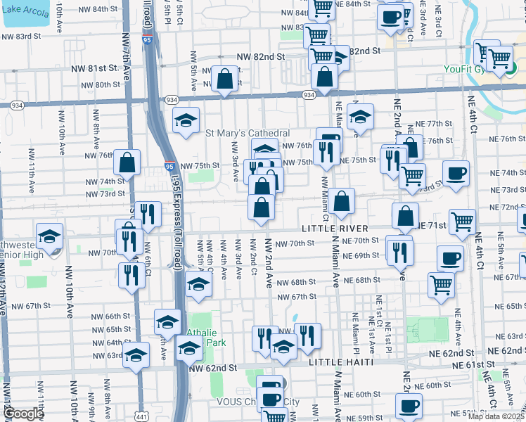 map of restaurants, bars, coffee shops, grocery stores, and more near in Miami