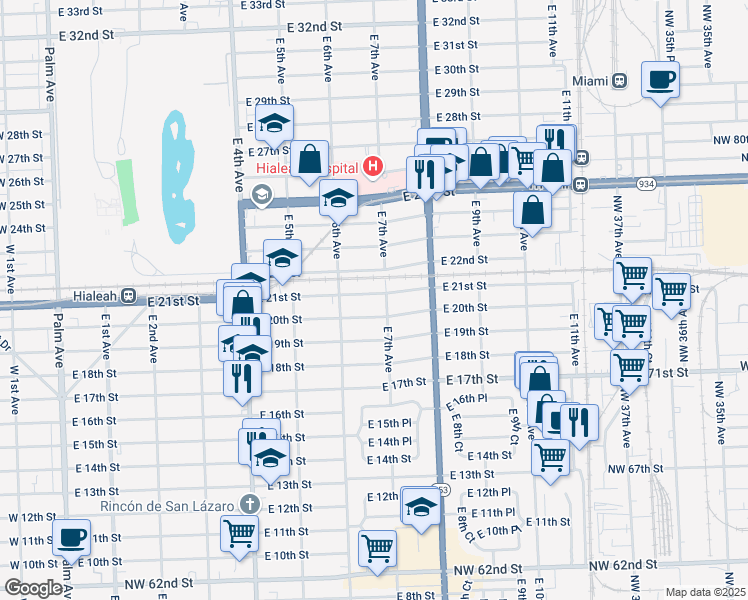 map of restaurants, bars, coffee shops, grocery stores, and more near 691 East 20th Street in Hialeah
