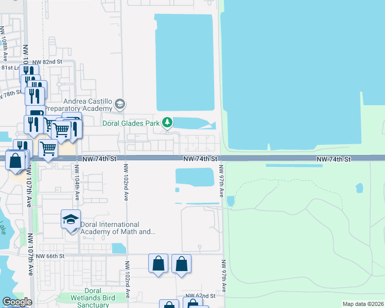 map of restaurants, bars, coffee shops, grocery stores, and more near 9810 Northwest 74th Terrace in Doral