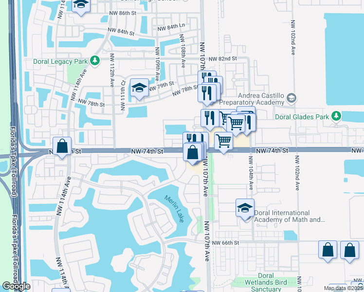 map of restaurants, bars, coffee shops, grocery stores, and more near 10833 Northwest 73rd Terrace in Doral