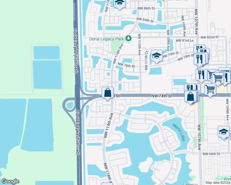 map of restaurants, bars, coffee shops, grocery stores, and more near 11377 Northwest 73rd Terrace in Doral
