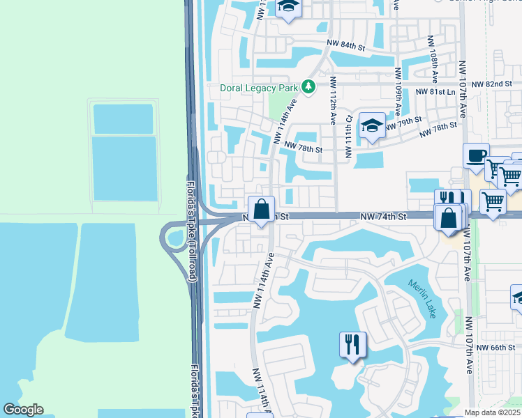 map of restaurants, bars, coffee shops, grocery stores, and more near 11424 Northwest 74th Terrace in Medley