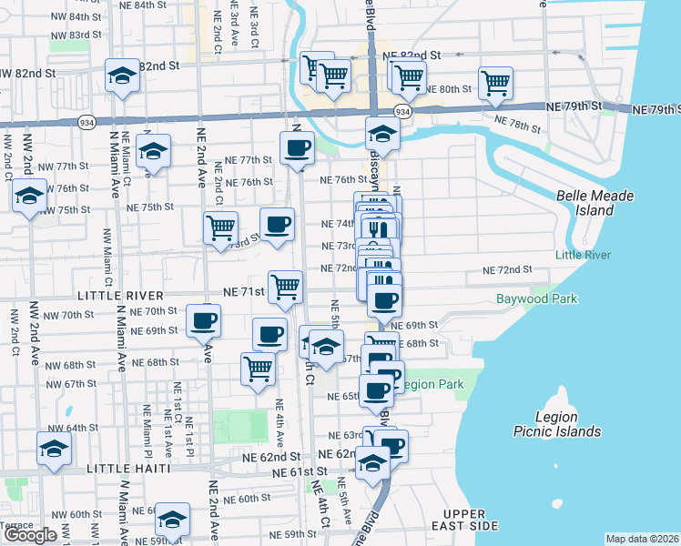 map of restaurants, bars, coffee shops, grocery stores, and more near 551 Northeast 71st Street in Miami