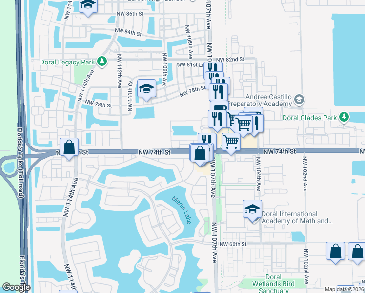 map of restaurants, bars, coffee shops, grocery stores, and more near 10833 Northwest 73rd Terrace in Doral