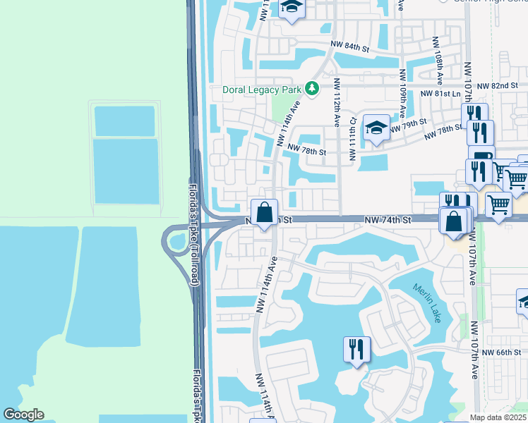 map of restaurants, bars, coffee shops, grocery stores, and more near 11424 Northwest 74th Terrace in Medley