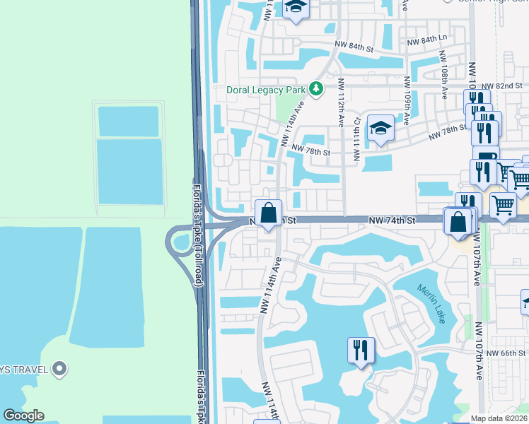 map of restaurants, bars, coffee shops, grocery stores, and more near 11424 Northwest 74th Terrace in Medley