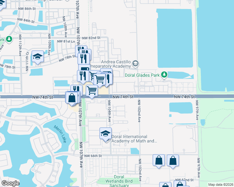 map of restaurants, bars, coffee shops, grocery stores, and more near 10296 Northwest 74th Terrace in Doral