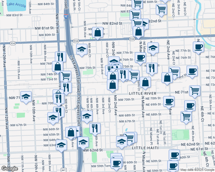 map of restaurants, bars, coffee shops, grocery stores, and more near 244 Northwest 72nd Terrace in Miami