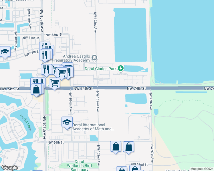 map of restaurants, bars, coffee shops, grocery stores, and more near 10050 Northwest 74th Terrace in Doral