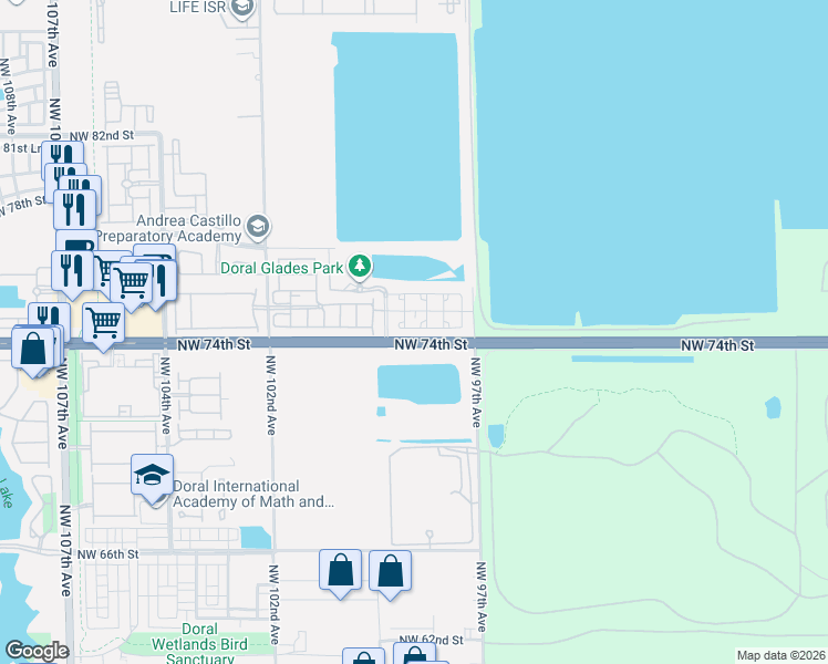 map of restaurants, bars, coffee shops, grocery stores, and more near 9810 Northwest 74th Terrace in Doral