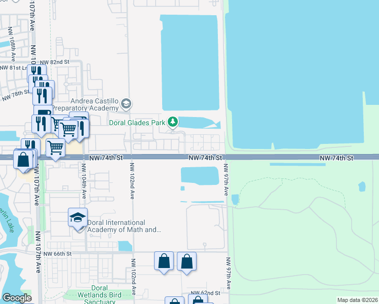map of restaurants, bars, coffee shops, grocery stores, and more near 7427 Northwest 99 Avenue in Doral