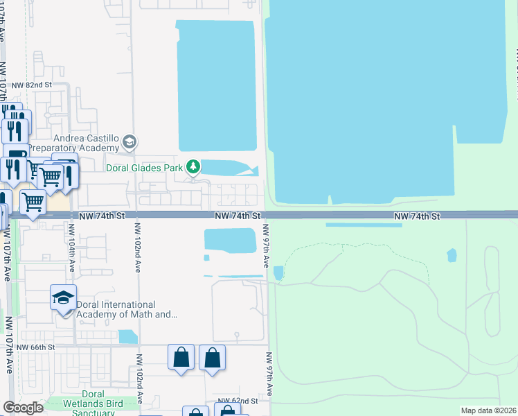 map of restaurants, bars, coffee shops, grocery stores, and more near 9710 Northwest 74th Terrace in Doral