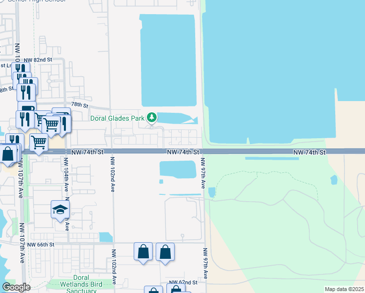 map of restaurants, bars, coffee shops, grocery stores, and more near 9790 Northwest 74th Terrace in Doral