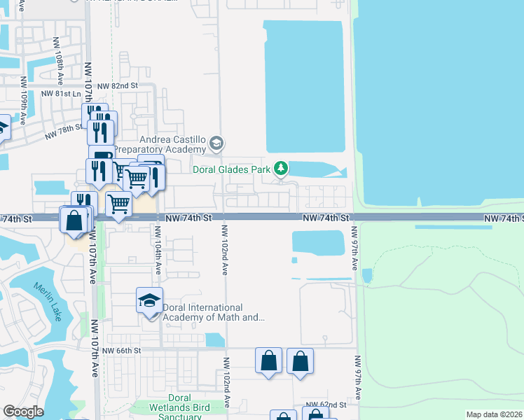 map of restaurants, bars, coffee shops, grocery stores, and more near 9950 Northwest 74th Terrace in Doral