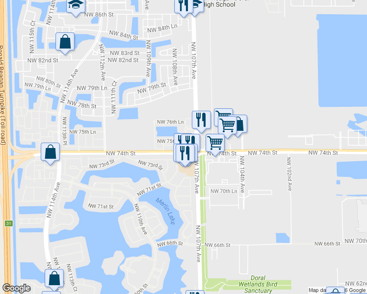 map of restaurants, bars, coffee shops, grocery stores, and more near 7408 Northwest 107th Place in Doral