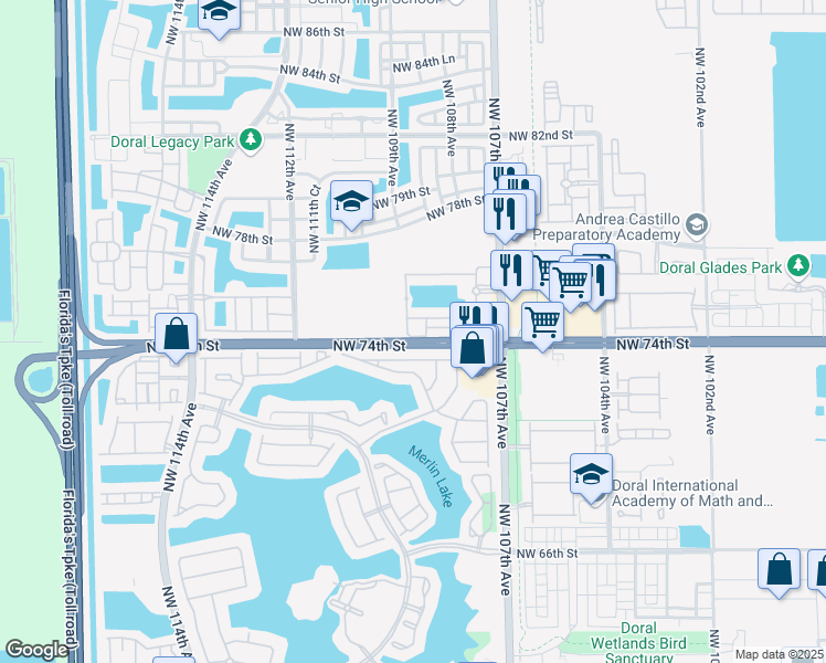 map of restaurants, bars, coffee shops, grocery stores, and more near 7409 Northwest 108th Path in Doral