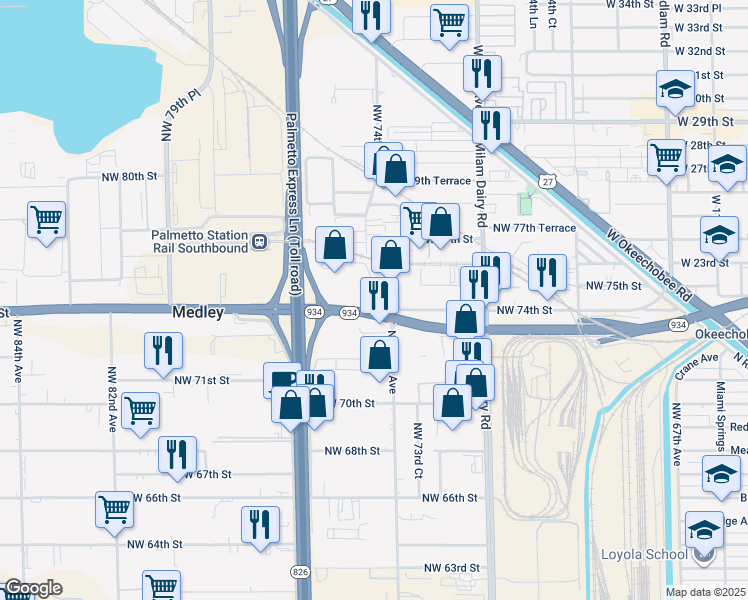 map of restaurants, bars, coffee shops, grocery stores, and more near 7401 Northwest 73rd Street in Medley