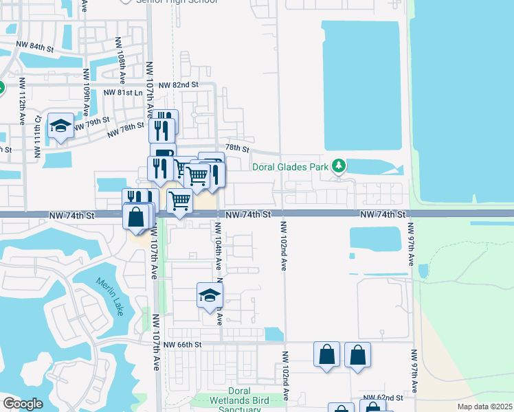 map of restaurants, bars, coffee shops, grocery stores, and more near in Doral