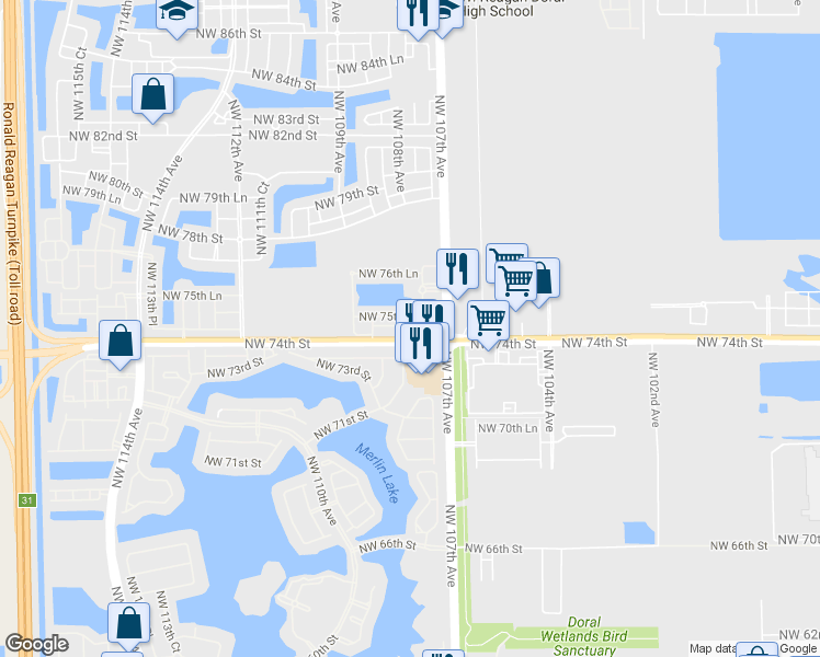 map of restaurants, bars, coffee shops, grocery stores, and more near 10704 Northwest 74th Street in Doral