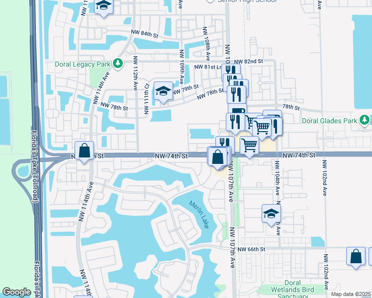 map of restaurants, bars, coffee shops, grocery stores, and more near 10909 Northwest 73rd Terrace in Doral