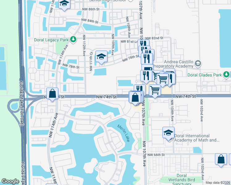 map of restaurants, bars, coffee shops, grocery stores, and more near 10909 Northwest 73rd Terrace in Doral