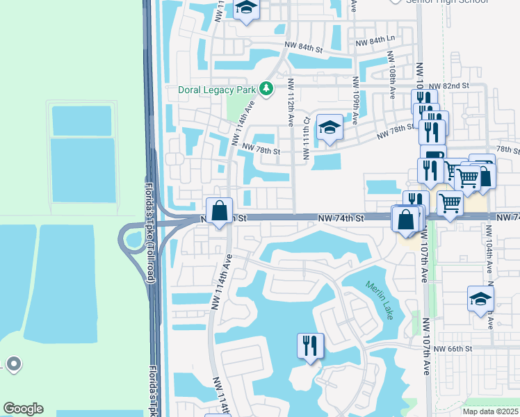 map of restaurants, bars, coffee shops, grocery stores, and more near 11325 Northwest 73rd Terrace in Doral