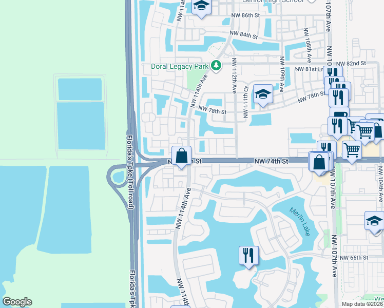 map of restaurants, bars, coffee shops, grocery stores, and more near 11377 Northwest 73rd Terrace in Doral