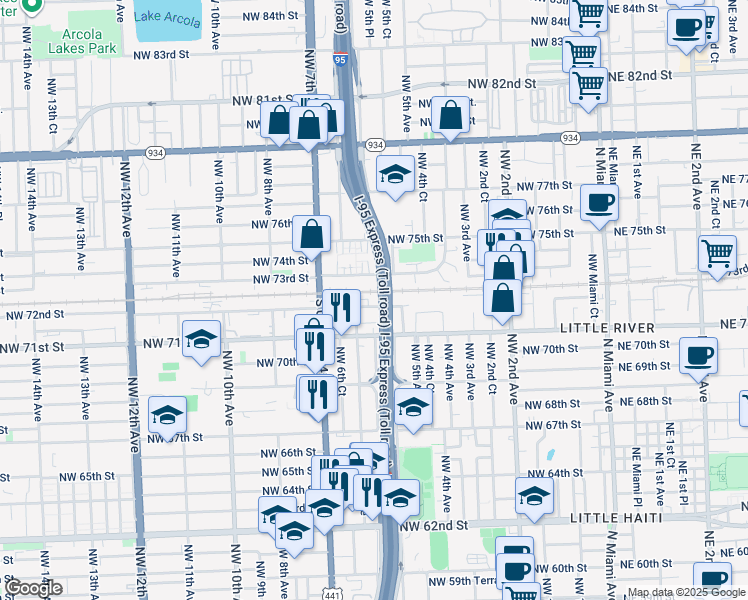 map of restaurants, bars, coffee shops, grocery stores, and more near 7160 Northwest 5th Place in Miami