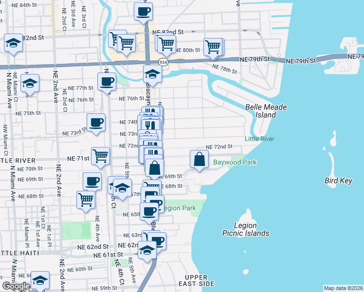 map of restaurants, bars, coffee shops, grocery stores, and more near 765 Northeast 71st Street in Miami