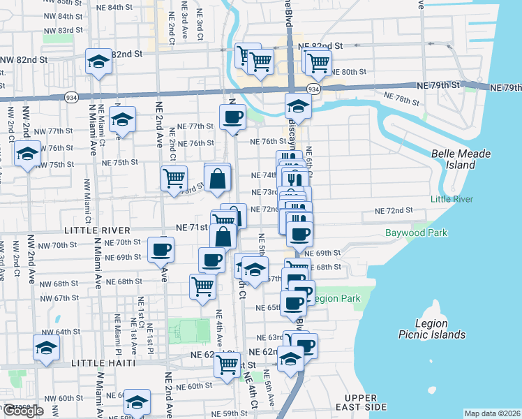 map of restaurants, bars, coffee shops, grocery stores, and more near 445 Northeast 71st Street in Miami