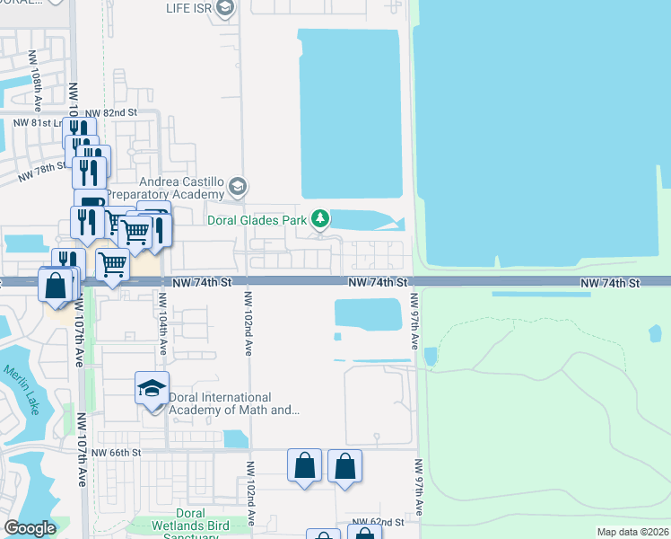 map of restaurants, bars, coffee shops, grocery stores, and more near 7427 Northwest 99 Avenue in Doral