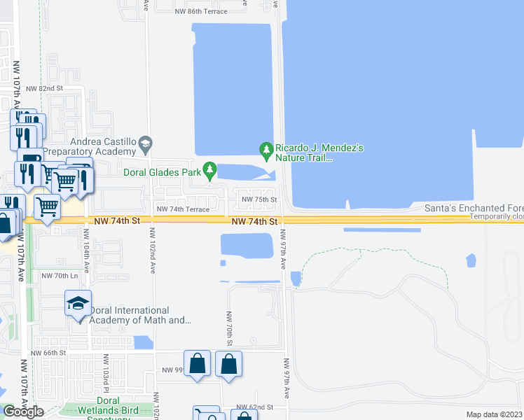 map of restaurants, bars, coffee shops, grocery stores, and more near 9810 Northwest 74th Terrace in Doral