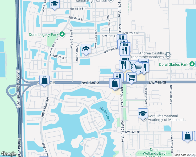 map of restaurants, bars, coffee shops, grocery stores, and more near 10909 Northwest 73rd Terrace in Doral