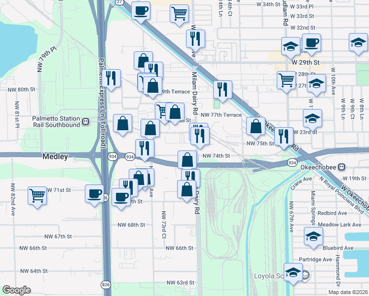 map of restaurants, bars, coffee shops, grocery stores, and more near 7514 Northwest 72nd Avenue in Medley