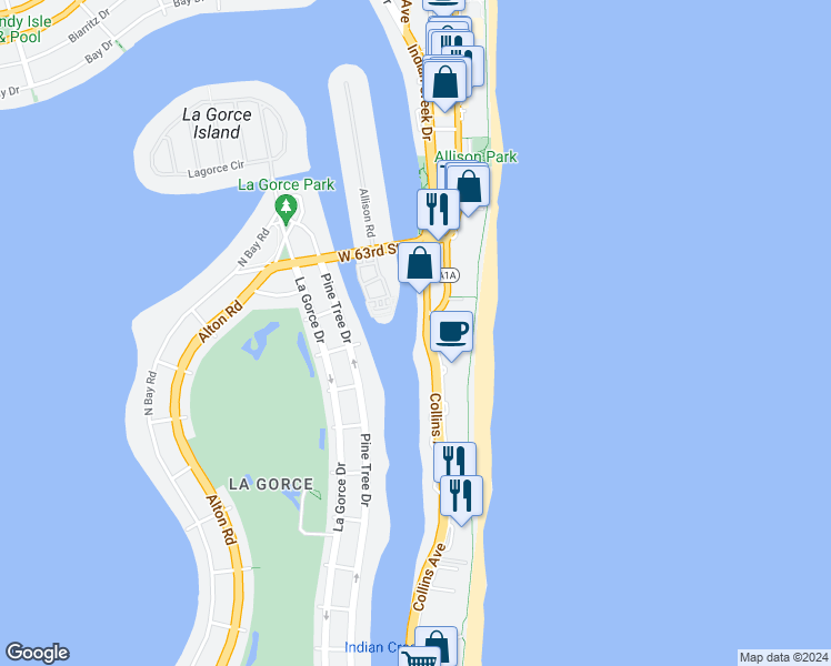 map of restaurants, bars, coffee shops, grocery stores, and more near 6000 Aqua Avenue in Miami Beach