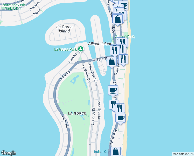 map of restaurants, bars, coffee shops, grocery stores, and more near 6001 Laguna Drive West in Miami Beach