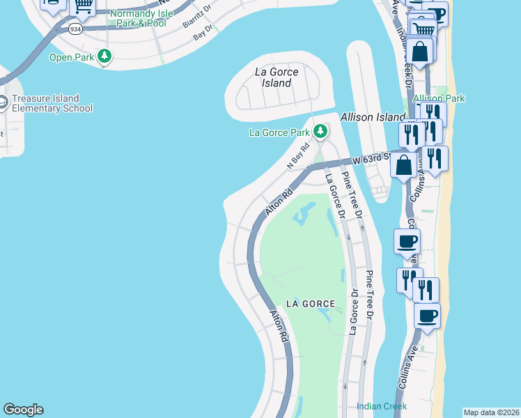 map of restaurants, bars, coffee shops, grocery stores, and more near 6000 Alton Road in Miami Beach