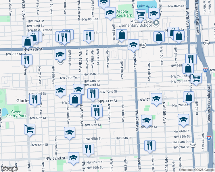 map of restaurants, bars, coffee shops, grocery stores, and more near 1400 Northwest 74th Street in Miami
