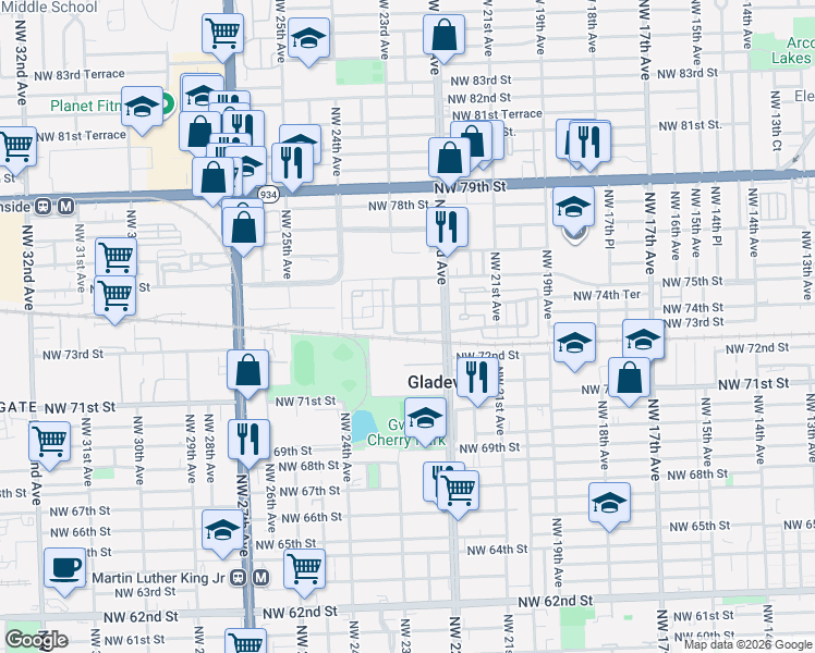 map of restaurants, bars, coffee shops, grocery stores, and more near 2258 Northwest 74th Street in Miami