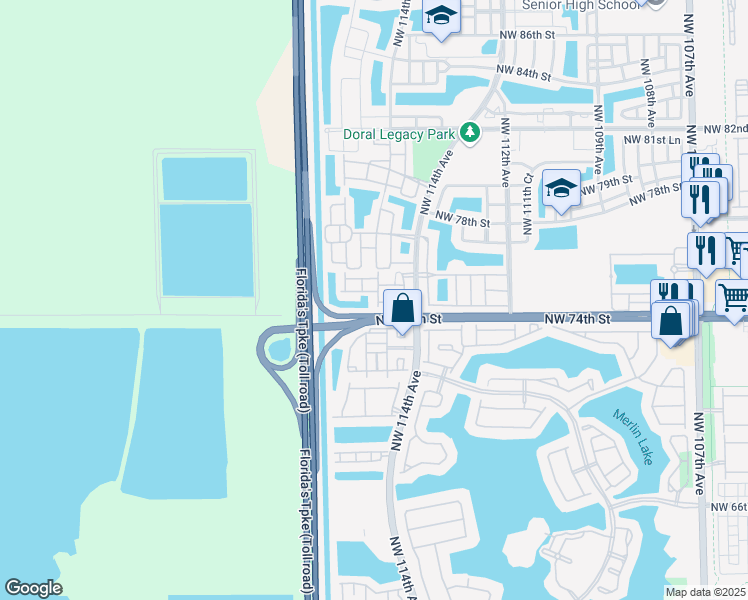 map of restaurants, bars, coffee shops, grocery stores, and more near 7510 Northwest 114th Place in Medley