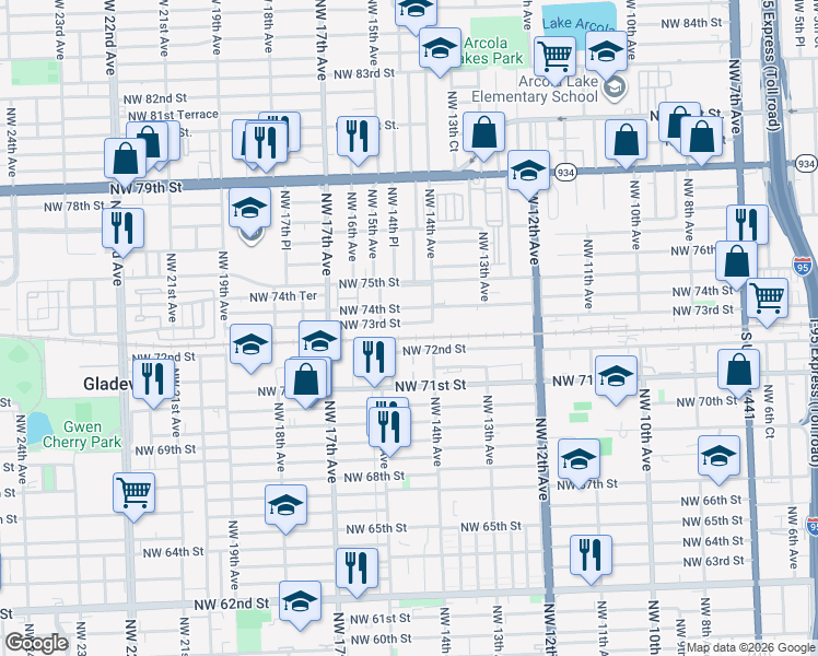 map of restaurants, bars, coffee shops, grocery stores, and more near 1400 Northwest 74th Street in Miami