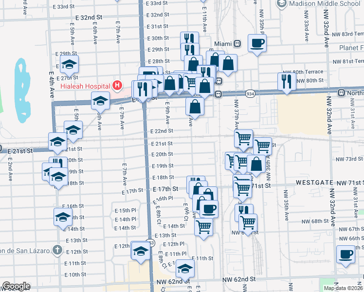 map of restaurants, bars, coffee shops, grocery stores, and more near 909 East 21st Street in Hialeah