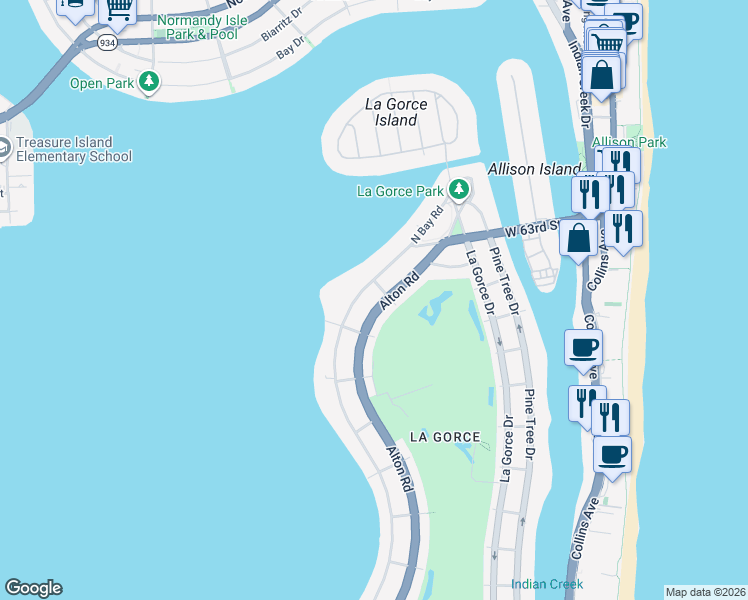 map of restaurants, bars, coffee shops, grocery stores, and more near 6000 Alton Road in Miami Beach