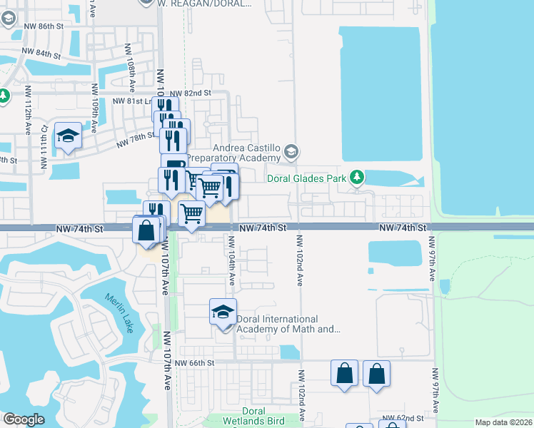 map of restaurants, bars, coffee shops, grocery stores, and more near 10250 Northwest 75th Terrace in Doral