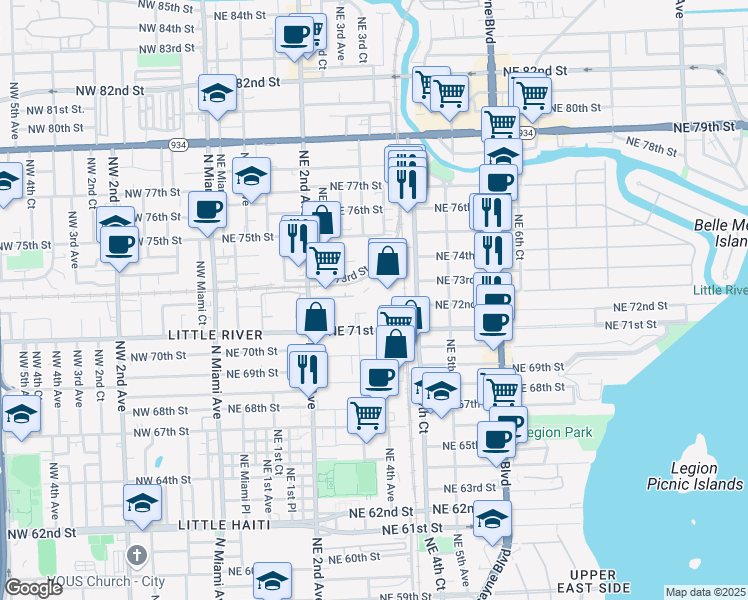 map of restaurants, bars, coffee shops, grocery stores, and more near 355 Northeast 72nd Terrace in Miami
